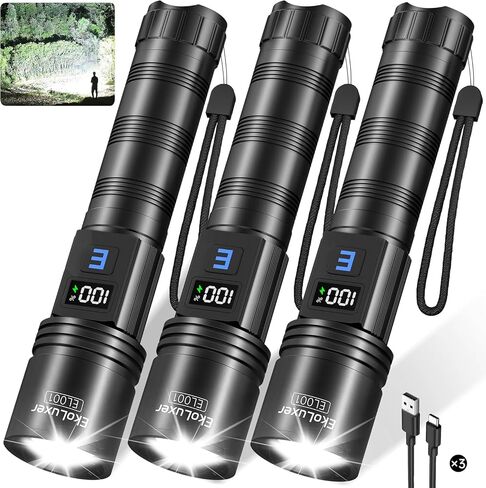 3Pack مصباح يدوي قابلة لإعادة الشحن 99000 شمعة عالية ، مصباح يدوي مشرق فائق مع شاشة رقمية LCD ، 5ms قابلة للتعديل مصباح يدوي مصباح تكتيكي عالي الطاقة ، فلاش للأضواء الطارئة in Saudi Arabia