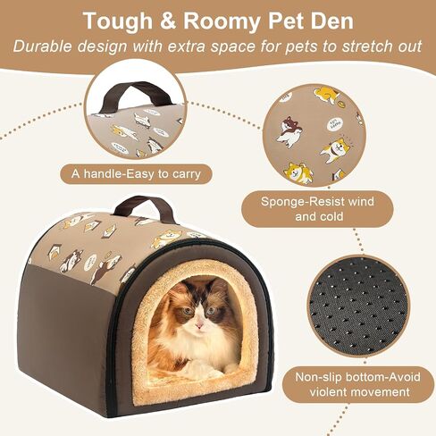 Jiupety Cozy Small Pet Dog House, 2 in 1 Puppy House, S Size for ​Cat and Puppy, Warm Cave Sleeping Nest for Cats and Dogs, Brown in Saudi Arabia