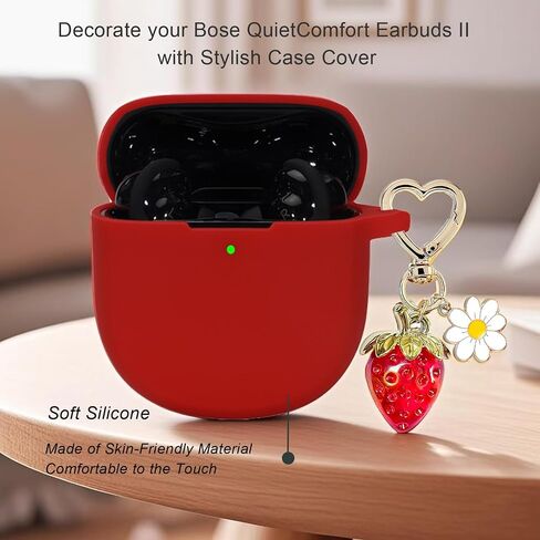 for Bose QuietComfort Earbuds II 2022/ New QuietComfort Ultra Case Cover 2023 with Cute Strawberry Charm Keychain, Soft Silicone Protective Case for Bose QC ii 2 Earbuds Charging Case Red in Saudi Arabia