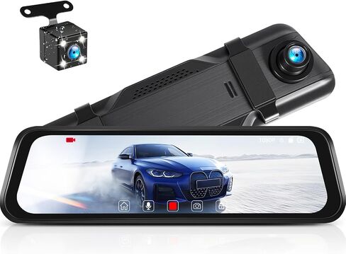 CAMECHO Mirror Dash Cam 9.66 inches 1080P Rear View Mirror Camera with HD Front and 4-LED Backup Camera, IPS Touch Screen, Night Vision, Wide Angle, Loop Recording, Parking Assist in Saudi Arabia