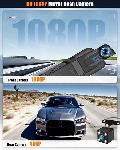 CAMECHO Mirror Dash Cam 9.66 inches 1080P Rear View Mirror Camera with HD Front and 4-LED Backup Camera, IPS Touch Screen, Night Vision, Wide Angle, Loop Recording, Parking Assist in Saudi Arabia