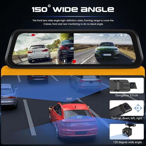 CAMECHO Mirror Dash Cam 9.66 inches 1080P Rear View Mirror Camera with HD Front and 4-LED Backup Camera, IPS Touch Screen, Night Vision, Wide Angle, Loop Recording, Parking Assist in Saudi Arabia