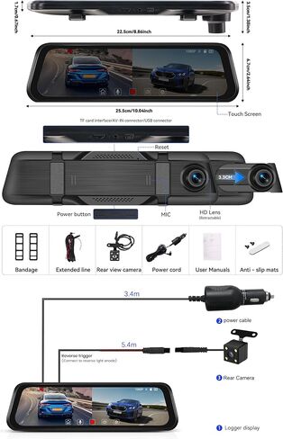 CAMECHO Mirror Dash Cam 9.66 inches 1080P Rear View Mirror Camera with HD Front and 4-LED Backup Camera, IPS Touch Screen, Night Vision, Wide Angle, Loop Recording, Parking Assist in Saudi Arabia