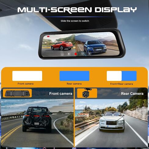 CAMECHO Mirror Dash Cam 9.66 inches 1080P Rear View Mirror Camera with HD Front and 4-LED Backup Camera, IPS Touch Screen, Night Vision, Wide Angle, Loop Recording, Parking Assist in Saudi Arabia