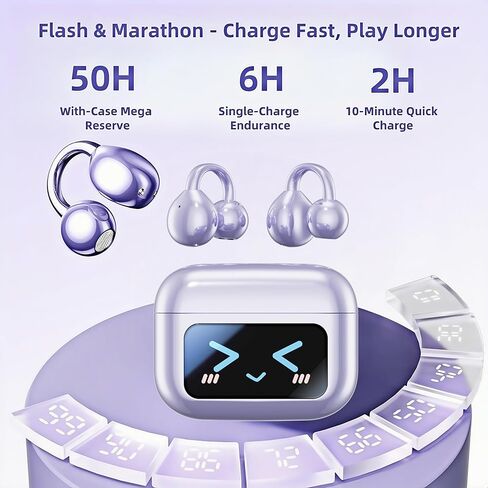 مقطع على سماعات الأذن التي تعمل باللمس ، سماعات الأذن المفتوحة اللاسلكية مع Bluetooth 5.4，50H عمر البطارية ， سماعات أذن مريحة خفيفة الوزن مريحة IPX7 للياقة البدنية ، الأسود. in Kuwait