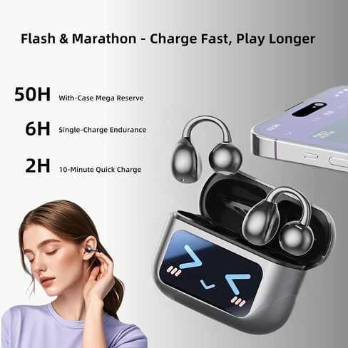 مقطع على سماعات الأذن التي تعمل باللمس ، سماعات الأذن المفتوحة اللاسلكية مع Bluetooth 5.4，50H عمر البطارية ， سماعات أذن مريحة خفيفة الوزن مريحة IPX7 للياقة البدنية ، الأسود. in Kuwait