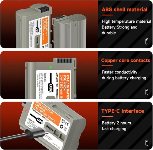 3 Pack EN-EL15C Batteries with USB Type-C Charging for Nikon Z6 z6ii Z6III Z7 z7ii Z8 D750 D850 D7000 D7500 D7100 D7200 D500 D600 D800 D850 Camera 2280mAh EN-EL15C Battery in Kuwait