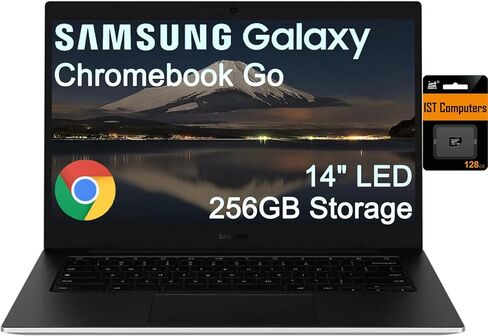 Samsung Galaxy Chromebook Go Laptop (14 "LED ، Intel Celeron N4500 ، 256GB Storage (128GB EMMC+128GB SD CARD)) للمنزل والطالب ، بطارية طولها 12 ساعة ، مقاومة للانسكاب ، كاميرا ويب ، WI-FI 6 ، Chrome OS ، Silver ، Silver in Kuwait
