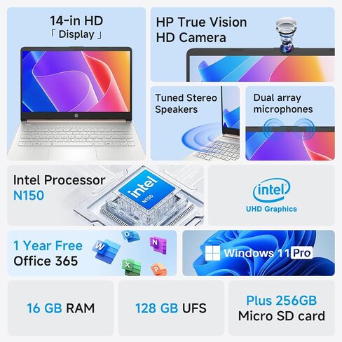 HP 2025 14 بوصة من طلاب الكمبيوتر المحمول ، Intel N150 ، PC COPILOT AI ، ذاكرة وصول عشوائي 16 جيجابايت ، تخزين 384 جيجابايت (128GB UFS+256GB MSD) ، 1 سنة Office 365 ، WiFi 6 ، Light Light ، Portable ، Windows 11 Pro ، Accessories in Saudi Arabia