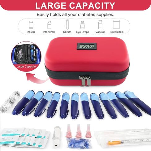 حافظة تبريد الانسولين 24 ساعة للسفر معتمدة من ادارة امن المواصلات الامريكية، مبرد ادوية لمرضى السكري للسفر مع ميزان حرارة وعرض درجة الحرارة، شنطة منظمة للادوية مع عبوتي ثلج من جوسيماي in Kuwait