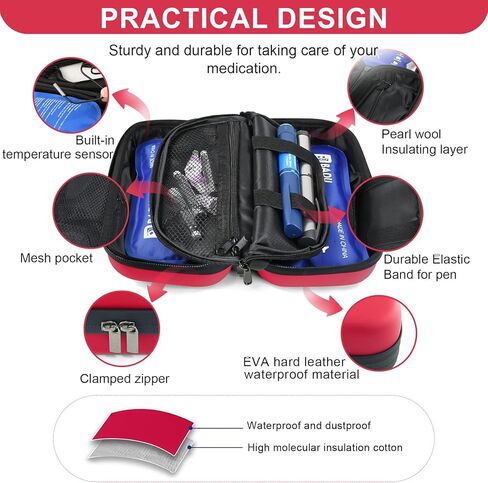 حافظة تبريد الانسولين 24 ساعة للسفر معتمدة من ادارة امن المواصلات الامريكية، مبرد ادوية لمرضى السكري للسفر مع ميزان حرارة وعرض درجة الحرارة، شنطة منظمة للادوية مع عبوتي ثلج من جوسيماي in Kuwait