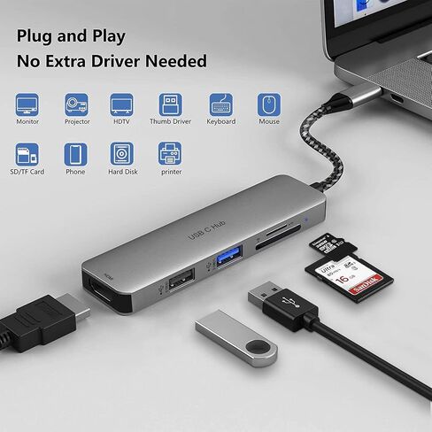 USB C HUB ، 5 في 1 من النوع C HUB محول متعدد الأطوار مع إخراج 4K HDMI ، USB C Dongle MacBook Pro مع USB 3.0 ، USB 2.0 Ports SDTF Card Reader متوافق مع MacBook Pro in Saudi Arabia