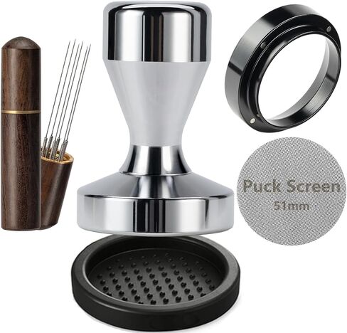 espresso accessories kit 51mm mareper: espresso therper kit with 51mm taver coffee thare ، puck screen ، joose faull ، wdt tool ، therper mat | طقم الإسبريسو يناسب آلات القهوة الإسبريسو من مسلحات portafilters 51mm in Saudi Arabia