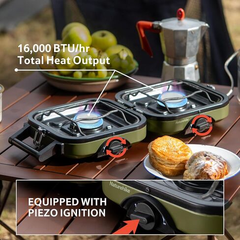 Naturehike 2 Burner Portable Camping Stove with Grill, Folding Propane Butane Gas Camp Stove with16000 BTU Adjustable Burners, Ignition System and Carrying Handle in Saudi Arabia
