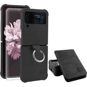 متوافق مع Samsung Galaxy Z Flip 4 Wallet Case مع حامل بطاقة حظر RFID ، غطاء هاتف PU Leather مع حزام للشحن اللاسلكي مع واقي الشاشة ، الأسود in Kuwait