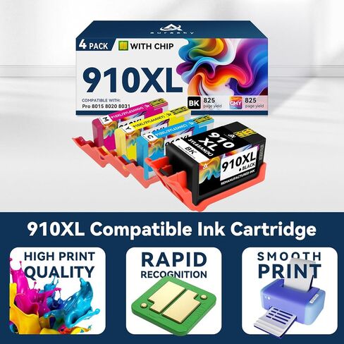 AURASKY 910XL حبر خراطيش البديل لـ 910 XL CARTRIDGES COMBO Pack ، يعمل مع OfficeJet Pro 8025E 8035E 8015E 8022E 8028E 8025 8035 8010 8020 8022 PRINTER (Black ، Cyan ، Magenta ، Yellow)) in Kuwait