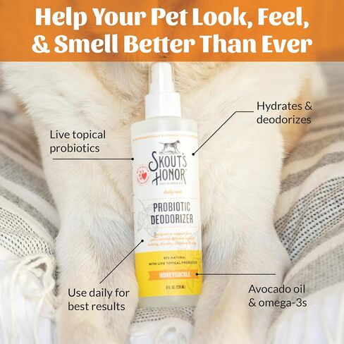 SKOUT'S HONOR: Probiotic Deodorizer With Avocado Oil Hydrates and Deodorizes Fur, Supports Pet’s Natural Defenses, PH-Balanced, Sulfate Free - Honeysuckle, 8 oz. in Saudi Arabia