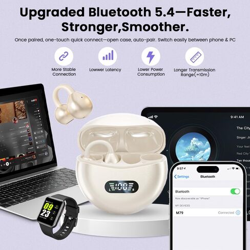 مقطع على سماعات الأذن ، وفتح سماعات الأذن اللاسلكية بلوتوث 5.4 ، وسماعات أذن مفتوحة الوزن خفيفة الوزن مع بطارية ميكروفون 60 ساعة ، مقاومة للماء ، للرياضة ، الجري ، آذان صغيرة ونظارات مرتديها ، التدريبات in Kuwait