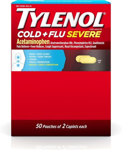 Tylenol Cold Flu Severe 50 عبوة تحتوي على كبسولتين في كل عبوة، صندوق كيس موزع in Kuwait
