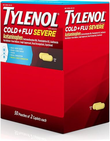 Tylenol Cold Flu Severe 50 عبوة تحتوي على كبسولتين في كل عبوة، صندوق كيس موزع in Kuwait