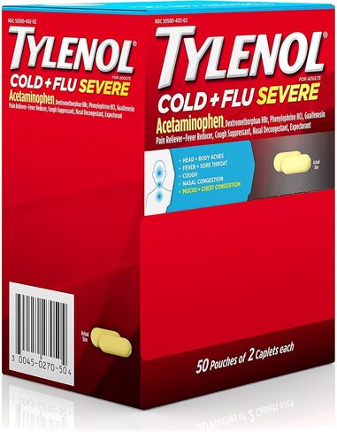 Tylenol Cold Flu Severe 50 عبوة تحتوي على كبسولتين في كل عبوة، صندوق كيس موزع in Kuwait