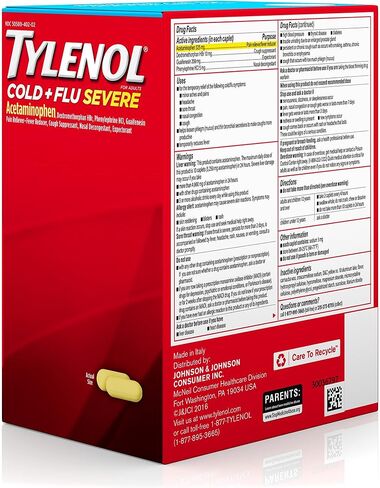 Tylenol Cold Flu Severe 50 عبوة تحتوي على كبسولتين في كل عبوة، صندوق كيس موزع in Kuwait