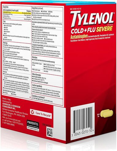 Tylenol Cold Flu Severe 50 عبوة تحتوي على كبسولتين في كل عبوة، صندوق كيس موزع in Kuwait