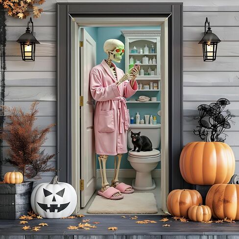 Skeleton Halloween Door Cover for Bathroom, Funny Door Cover Decorations for Party Photo Props, Fabric Halloween Backdrop for Home Office Indoor/Outdoor Decor in Kuwait