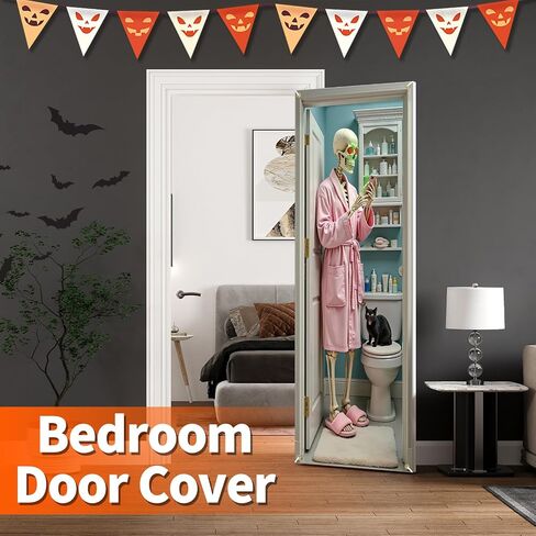 Skeleton Halloween Door Cover for Bathroom, Funny Door Cover Decorations for Party Photo Props, Fabric Halloween Backdrop for Home Office Indoor/Outdoor Decor in Kuwait