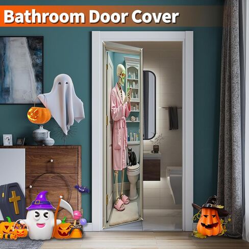 Skeleton Halloween Door Cover for Bathroom, Funny Door Cover Decorations for Party Photo Props, Fabric Halloween Backdrop for Home Office Indoor/Outdoor Decor in Kuwait