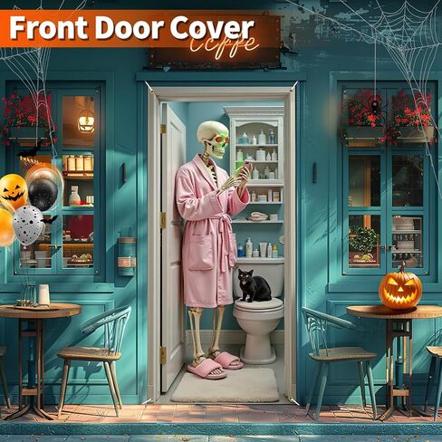 Skeleton Halloween Door Cover for Bathroom, Funny Door Cover Decorations for Party Photo Props, Fabric Halloween Backdrop for Home Office Indoor/Outdoor Decor in Kuwait