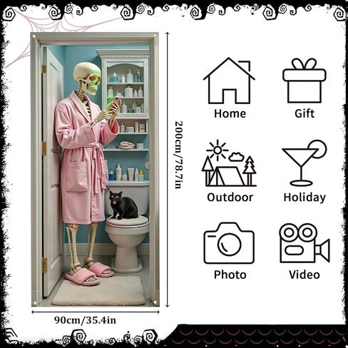 Skeleton Halloween Door Cover for Bathroom, Funny Door Cover Decorations for Party Photo Props, Fabric Halloween Backdrop for Home Office Indoor/Outdoor Decor in Kuwait