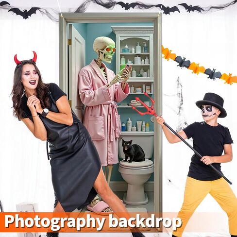 Skeleton Halloween Door Cover for Bathroom, Funny Door Cover Decorations for Party Photo Props, Fabric Halloween Backdrop for Home Office Indoor/Outdoor Decor in Kuwait