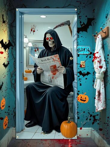Skeleton Halloween Door Cover for Bathroom, Funny Door Cover Decorations for Party Photo Props, Fabric Halloween Backdrop for Home Office Indoor/Outdoor Decor in Kuwait