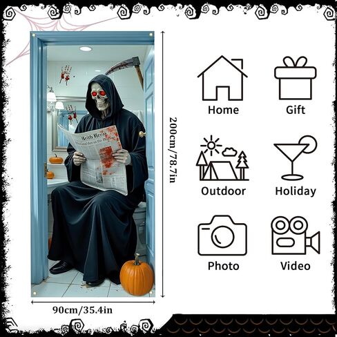 Skeleton Halloween Door Cover for Bathroom, Funny Door Cover Decorations for Party Photo Props, Fabric Halloween Backdrop for Home Office Indoor/Outdoor Decor in Kuwait