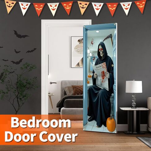 Skeleton Halloween Door Cover for Bathroom, Funny Door Cover Decorations for Party Photo Props, Fabric Halloween Backdrop for Home Office Indoor/Outdoor Decor in Kuwait
