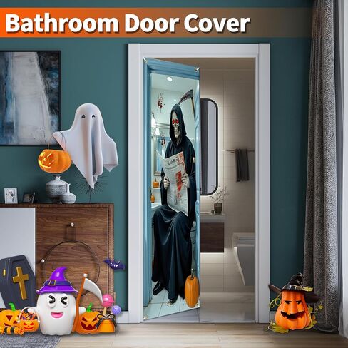 Skeleton Halloween Door Cover for Bathroom, Funny Door Cover Decorations for Party Photo Props, Fabric Halloween Backdrop for Home Office Indoor/Outdoor Decor in Kuwait