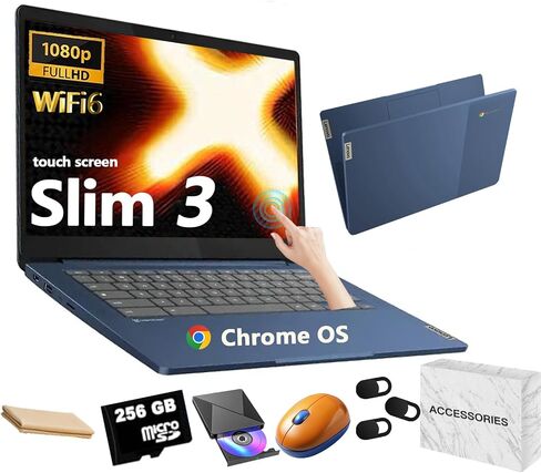 Lenovo Ideapad Slim 3 Chromebook - 14 ″ FHD IPS شاشة تعمل باللمس المضادة للوحد ، لرجال الأعمال والطالب ، Mediatek Kompanio 520 ، ذاكرة الوصول العشوائي 4GB ، 64 جيجابايت EMMC ، بطاقة Micro Micro 256GB ، كاميرا الويب ، WiFi 6 ، Chrome OS ، Blue OS ، Blue ، in Kuwait