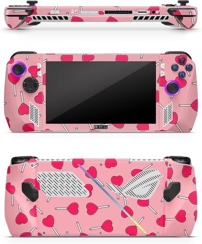 ZOOMHITSKINS Compatible for Asus ROG Ally Skin Glitter Finish, Valentine Sugar Candy Lollipop Heart Red Pink Love, Durable 3M Vinyl Sticker, Made in The USA in Saudi Arabia