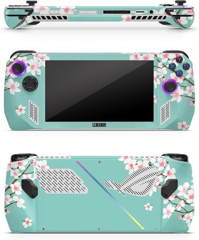 ZOOMHITSKINS Compatible for Asus ROG Ally Skin Glitter Finish, Sakura Asia Sweet Cherries Trees Blossom Spring Japan Turquoise Ombre Asian, Durable 3M Vinyl Sticker, Made in The USA in Kuwait