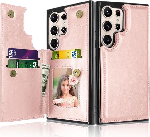 Case for Samsung Galaxy S24 Ultra ، بالنسبة إلى Galaxy S24 Ultra Wallet Case مع حامل البطاقة ، فتحات بطاقة الائتمان الخاصة بالجلد PU CLOSURE TPU الإطار الصدف الخلفي للهاتف [Rose Gold] in Saudi Arabia