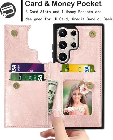 Case for Samsung Galaxy S24 Ultra ، بالنسبة إلى Galaxy S24 Ultra Wallet Case مع حامل البطاقة ، فتحات بطاقة الائتمان الخاصة بالجلد PU CLOSURE TPU الإطار الصدف الخلفي للهاتف [Rose Gold] in Saudi Arabia