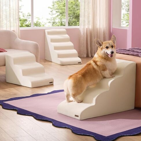 Lesure Dog Stairs for Small Dogs - Dog Ramp for Bed and Couch with CertiPUR-US Certified Foam, Pet Steps with Non-Slip Bottom for Old Cats, Injured Doggies and Puppies, Beige, 2 Steps in Kuwait