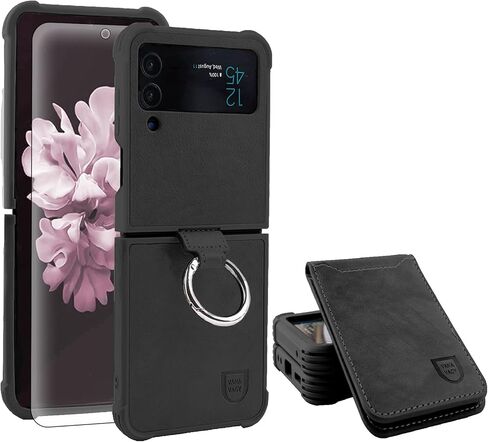 متوافق مع Samsung Galaxy Z Flip 4 Wallet Case مع حامل بطاقة حظر RFID ، غطاء هاتف PU Leather مع حزام للشحن اللاسلكي مع واقي الشاشة ، الأسود in Kuwait