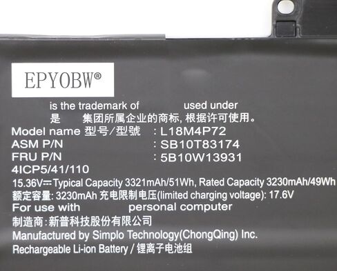 بطارية L18M4P72 المحمول 51WH متوافقة مع Lenovo ThinkPad X1 Yoga 4th Gen/ThinkPad X1 Yoga 5th Gen/ThinkPad X1 Carbon 7th Gen/ThinkPad X1 Carbon 8th Gen Series L18L4P71 L18C4P71 in Kuwait