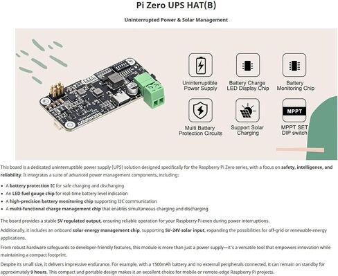 PI Zero UPS HAT مع شحن الطاقة الشمسية و MPPT | لوحة إمداد الطاقة غير المنقطعة للتوت PI Zero W/WH/2W | قبعة مراقبة البطارية في الوقت الحقيقي in Kuwait