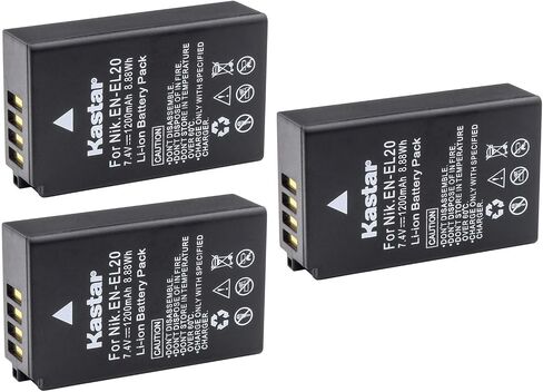 Kastar Battery (3 عبوات) لـ Nikon En-EL20 و Nikon En-El20a و Nikon Coolpix A و Nikon 1 AW1 و Nikon 1 J1 و Nikon 1 J2 و Nikon 1 J3 و Nikon 1 S1 و Nikon 1 V3 و Blackmagic Pocket Cinema Camera in Saudi Arabia