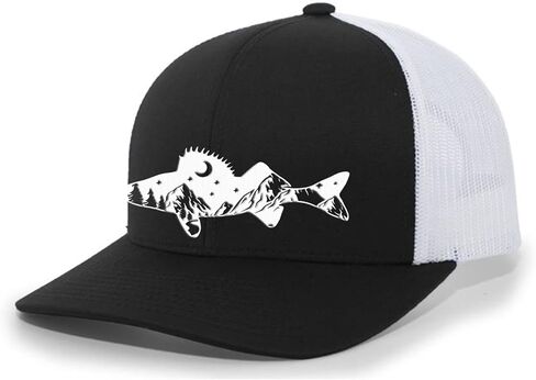 Heritage Pride Freshwater Fish Forest Mountain Scenic Walleye Mens Embroidered Mesh Back Trucker Hat in Saudi Arabia
