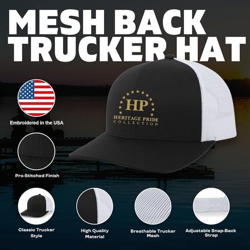 Heritage Pride Freshwater Fish Forest Mountain Scenic Walleye Mens Embroidered Mesh Back Trucker Hat in Saudi Arabia