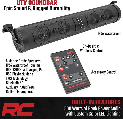 Rough Country UTV Bluetooth Soundbar - 500W صوت مقاوم للماء مع 8 مكبرات صوت ، أضواء RGB ، راديو FM و AUX ، FIT Universal in Saudi Arabia